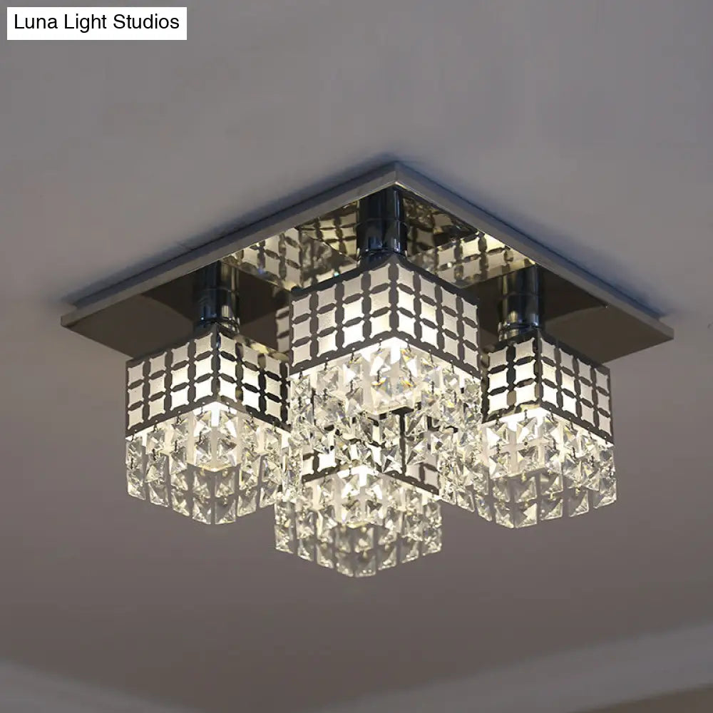 Contemporary Crystal Ceiling Fixture: Silver Square Semi - Flush Mount With 8 Clear Heads