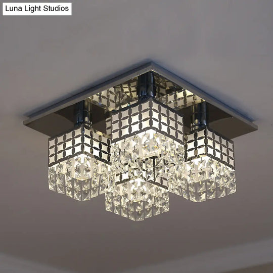 Contemporary Crystal Ceiling Fixture: Silver Square Semi - Flush Mount With 8 Clear Heads