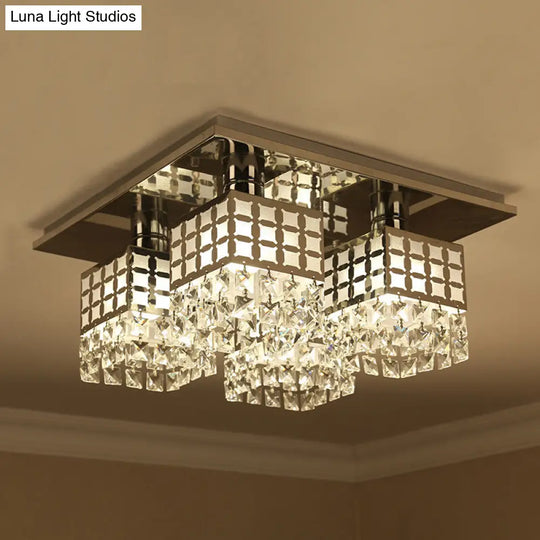 Contemporary Crystal Ceiling Fixture: Silver Square Semi-Flush Mount With 8 Clear Heads