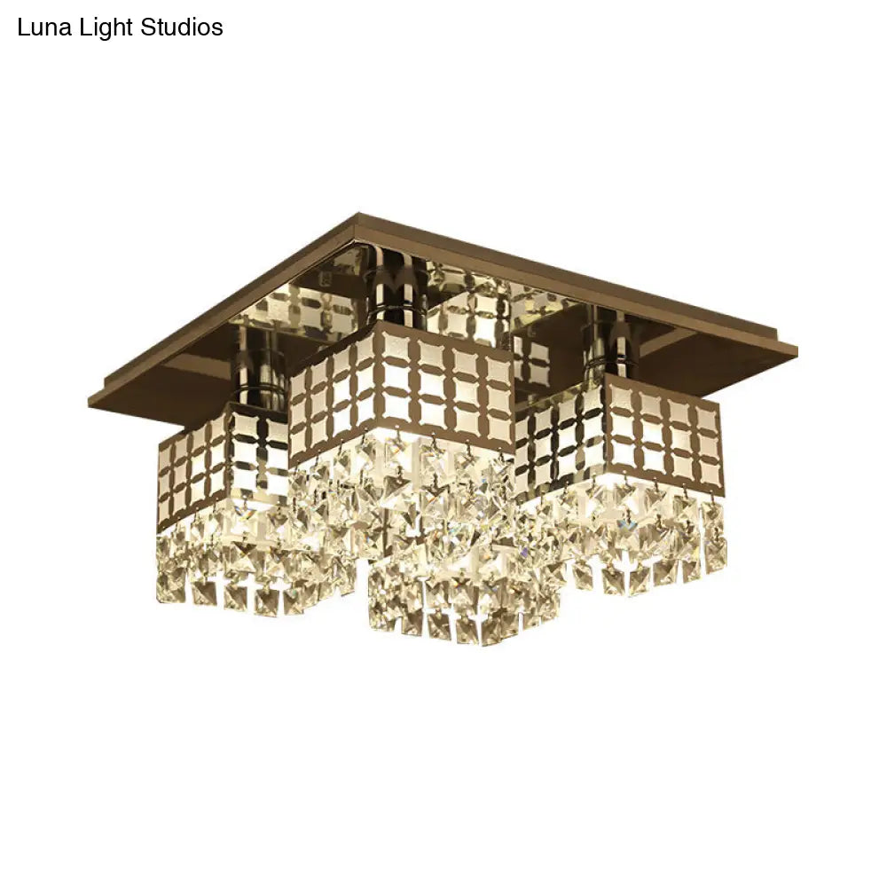 Contemporary Crystal Ceiling Fixture: Silver Square Semi-Flush Mount With 8 Clear Heads
