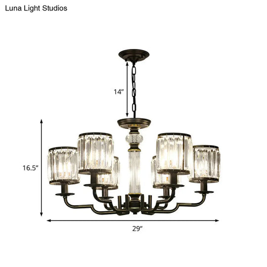 Contemporary Crystal Chandelier: Black Cylinder Pendant Light With Adjustable Chain - 3/6 Lights