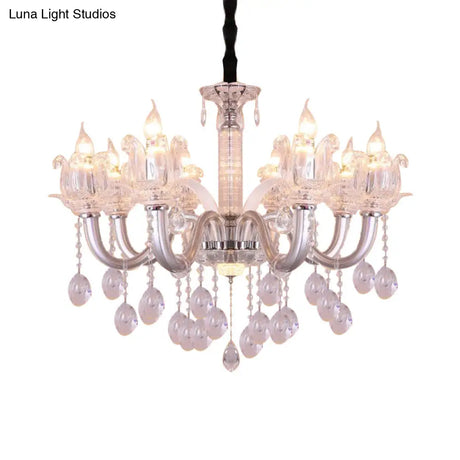 Contemporary Crystal Drop Candelabra Hanging Lamp - 6/8 Heads 23.5’/31.5’ Wide Silver Pendant