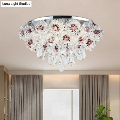 Contemporary Crystal Flower Ceiling Lamp - 3-Light Flushmount Lighting For Living Room