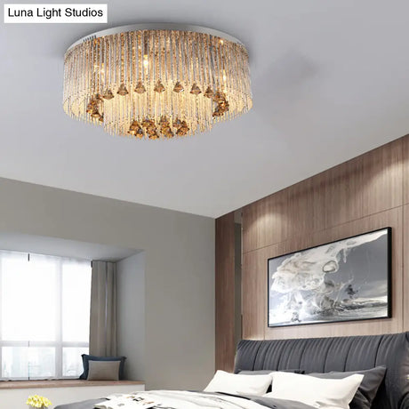 Contemporary Crystal Flush Light Fixture - Round Nickel Ceiling Mount For Living Room (9/12/18