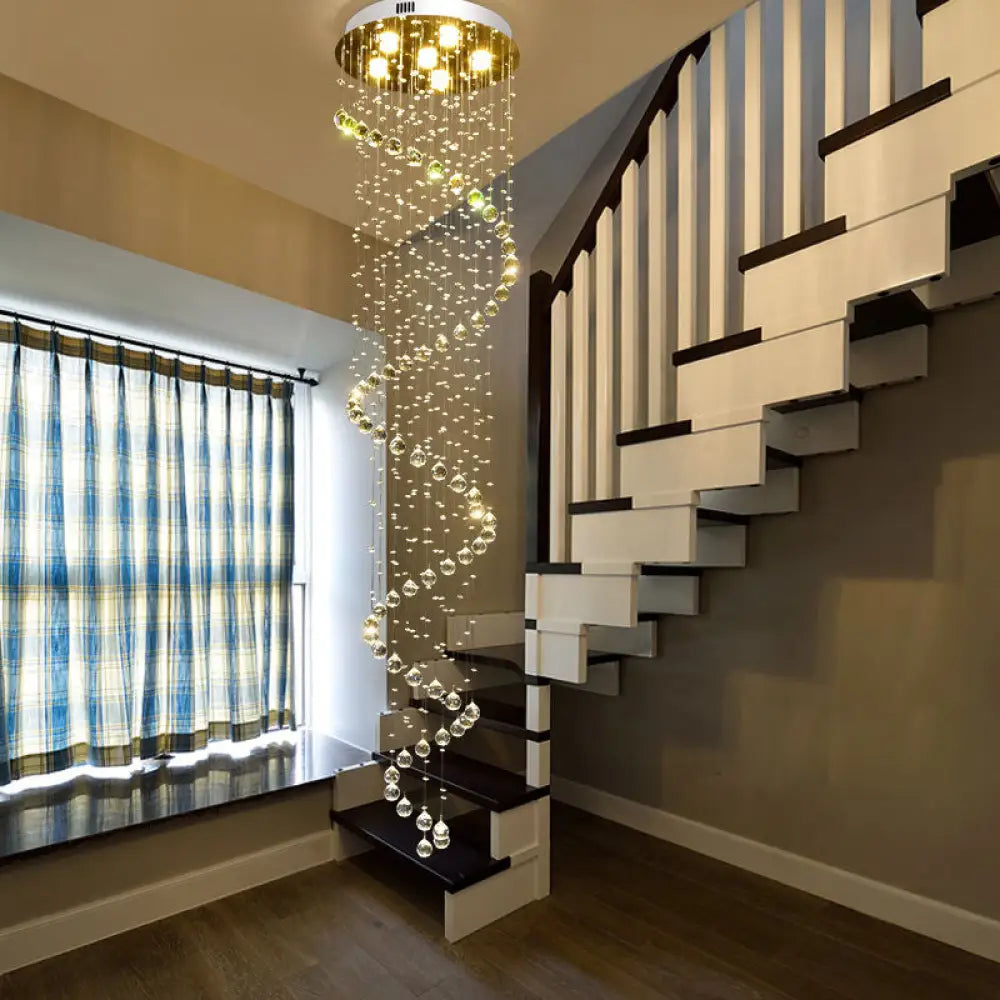 Contemporary Crystal Gold Pendant With Led Spiral 6-Head Multi Light Hanging Lamp