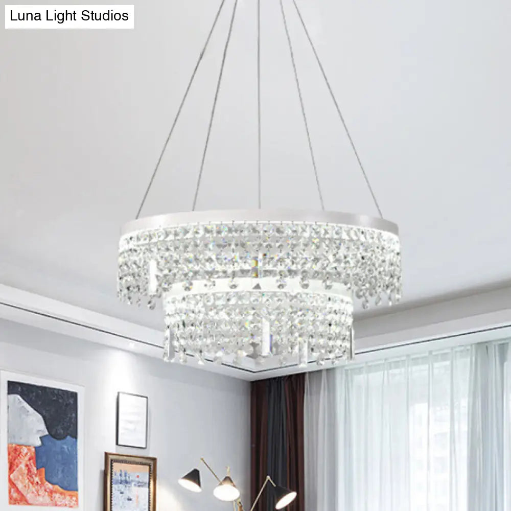 Contemporary Crystal Led Chandelier Lamp - Ring/Dual-Tiered Silver Warm/White Light Clear / White B