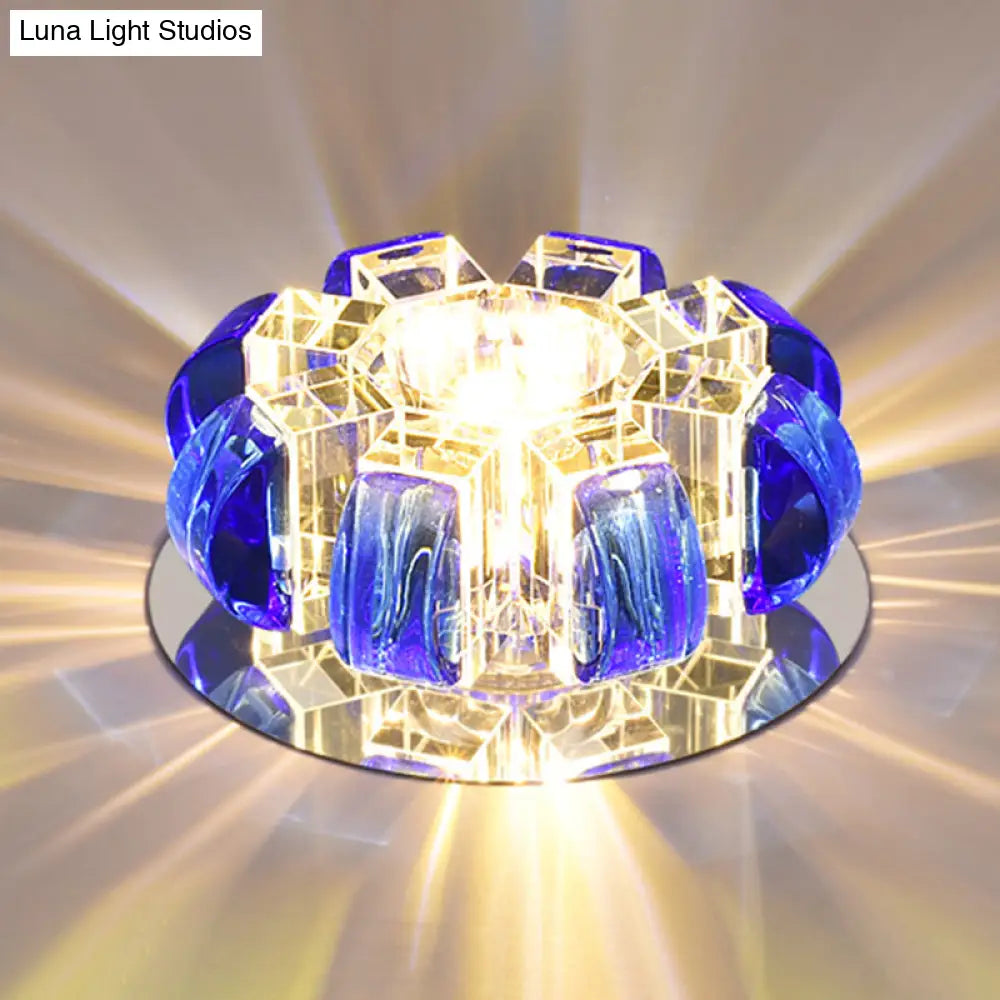 Contemporary Crystal Led Flush Mount Ceiling Light - Clear Floral Design For Entryway Blue