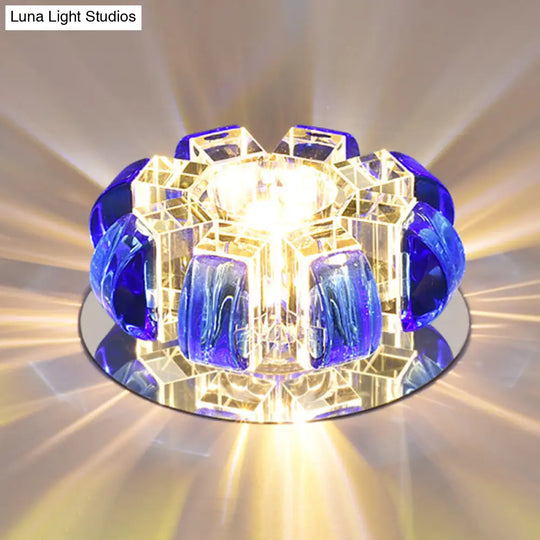 Contemporary Crystal Led Flush Mount Ceiling Light - Clear Floral Design For Entryway Blue