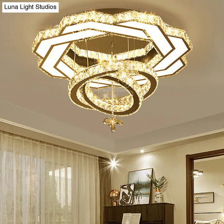 Contemporary Crystal Led Silver Rings Flush Mount Ceiling Light - Ideal For Bedroom