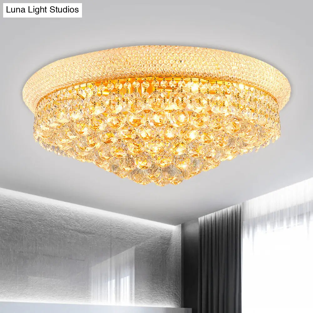 Contemporary Crystal Orb Cone Flush Mount Ceiling Light - Gold Finish 6/9 Heads 16/23.5 Wide Ideal