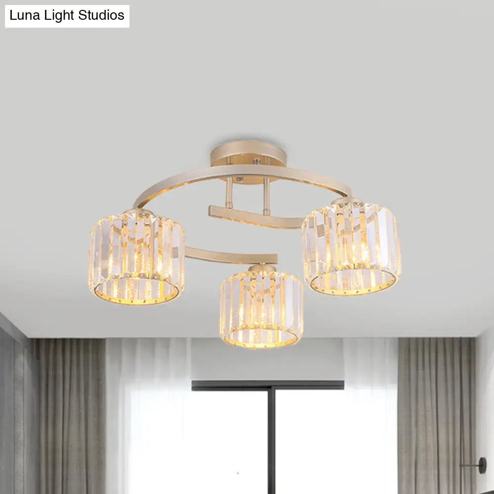 Contemporary Crystal Prism Cup Semi-Flush Chandelier With Gold Curved Arm - 3 Heads Ceiling Mount