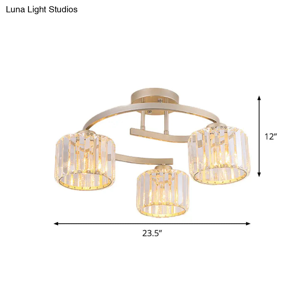 Contemporary Crystal Prism Cup Semi-Flush Chandelier With Gold Curved Arm - 3 Heads Ceiling Mount