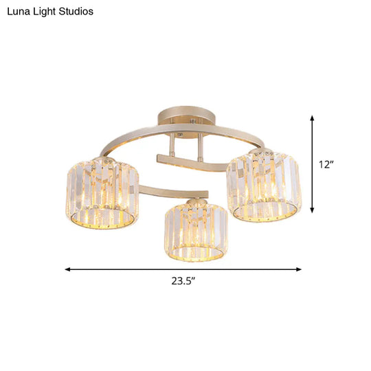 Contemporary Crystal Prism Cup Semi-Flush Chandelier With Gold Curved Arm - 3 Heads Ceiling Mount