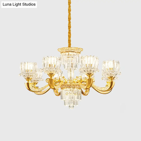 Contemporary Crystal Rectangle Chandelier - Gold Lotus Suspension Light With 6/8 Bulbs For Living