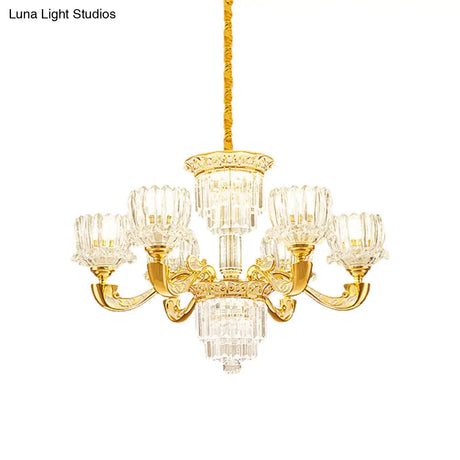 Contemporary Crystal Rectangle Chandelier - Gold Lotus Suspension Light With 6/8 Bulbs For Living