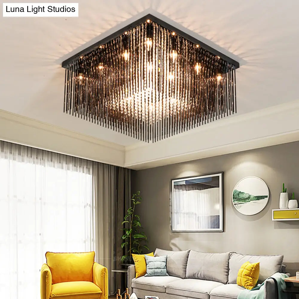 Contemporary Crystal Rod And Beaded Cubic Flush Ceiling Light - Black 4/6/9 Lights 16/19/23.5 Wide