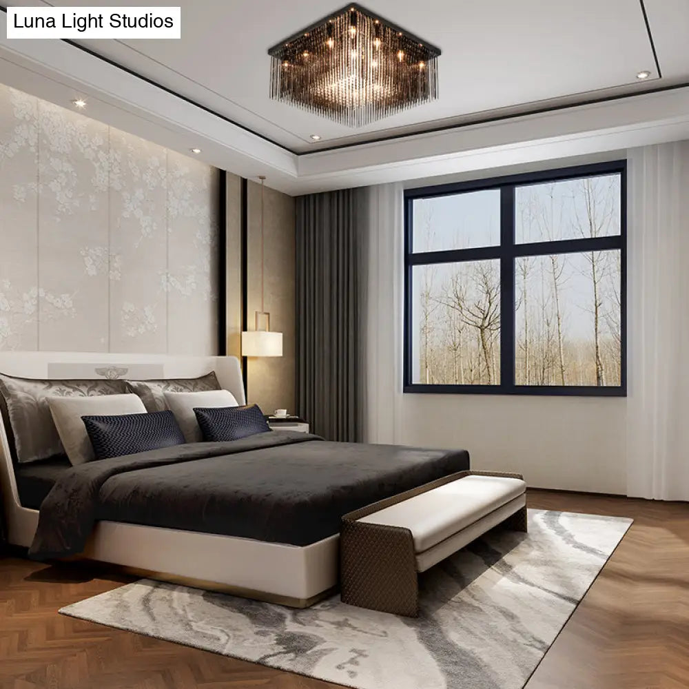 Contemporary Crystal Rod And Beaded Cubic Flush Ceiling Light - Black 4/6/9 Lights