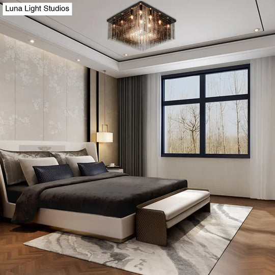 Contemporary Crystal Rod And Beaded Cubic Flush Ceiling Light - Black 4/6/9 Lights