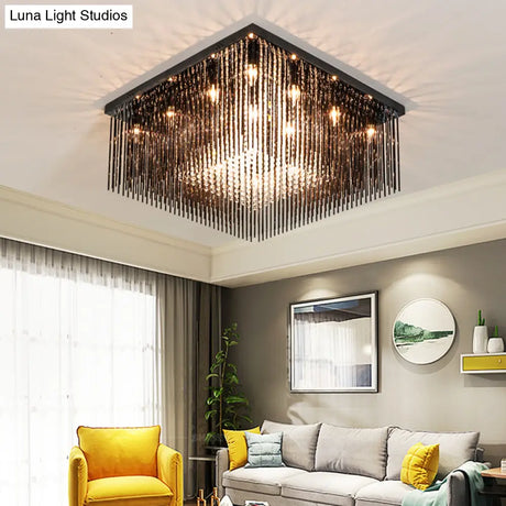 Contemporary Crystal Rod And Beaded Cubic Flush Ceiling Light - Black 4/6/9 Lights
