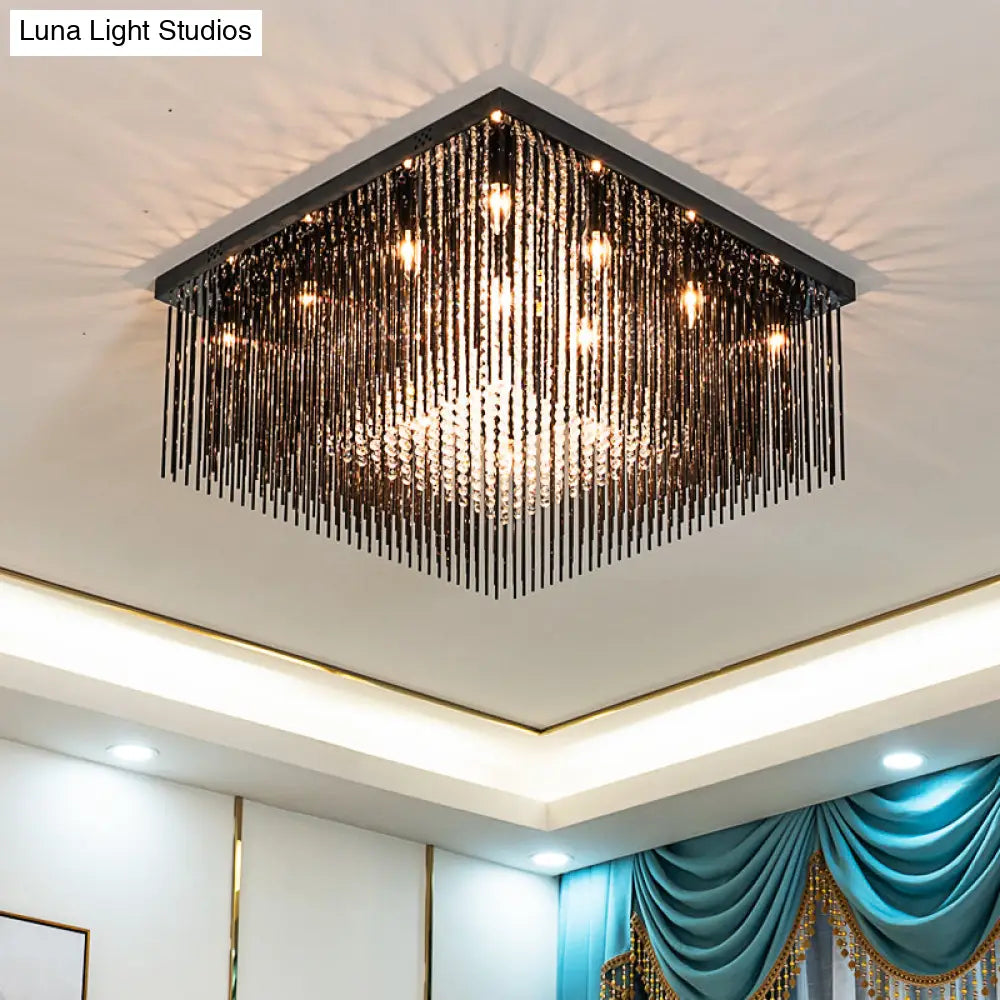 Contemporary Crystal Rod And Beaded Cubic Flush Ceiling Light - Black 4/6/9 Lights 16/19/23.5 Wide /