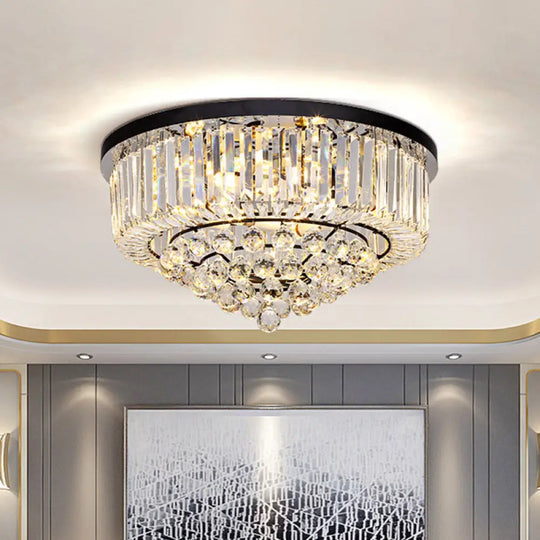 Contemporary Crystal Rod Drum Flush Mount Ceiling Light - 4/6/9 Heads Black Multiple Sizes / 14’