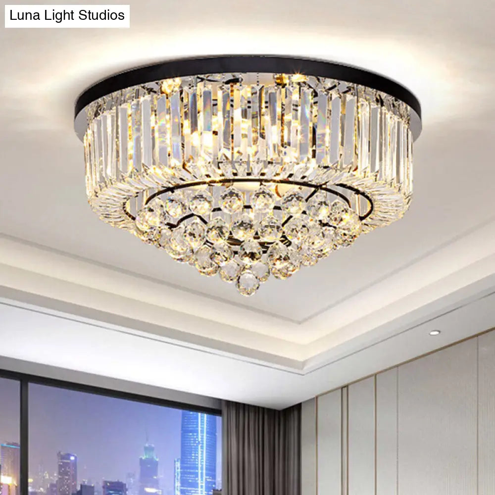 Contemporary Crystal Rod Drum Flush Mount Ceiling Light - 4/6/9 Heads Black Multiple Sizes