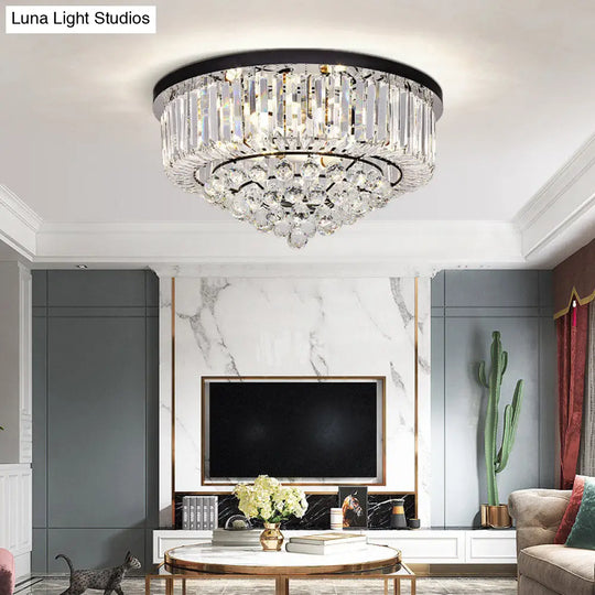 Contemporary Crystal Rod Drum Flush Mount Ceiling Light - 4/6/9 Heads Black Multiple Sizes