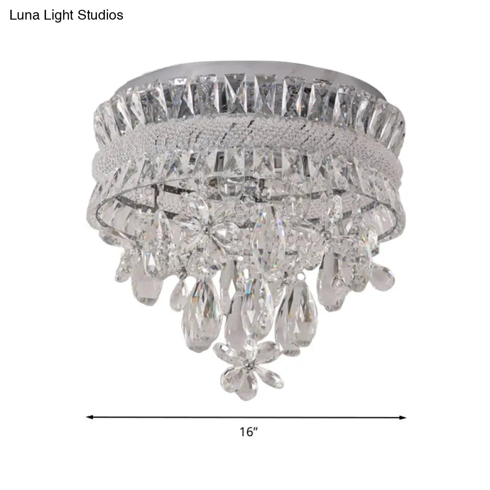 Contemporary Crystal Teardrop Flush Light - 6 Bulbs Nickel Ceiling Mount Fixture