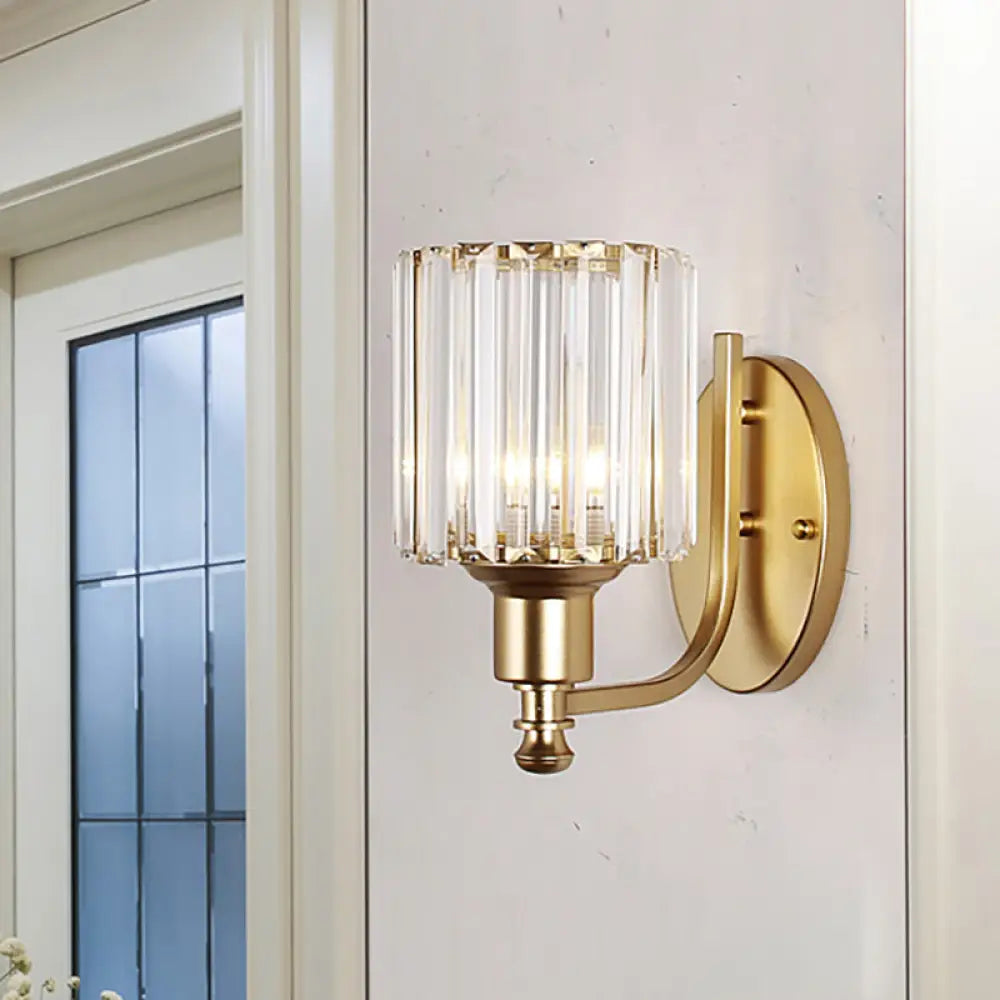 Contemporary Cylinder Crystal Wall Light With 1 Head Mounted On Bedroom - Black/Gold Curved Arm Gold