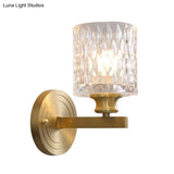 Contemporary Cylindrical Wall Light: Stylish Clear Dimpled Glass Design Golden Sconce For Bedroom