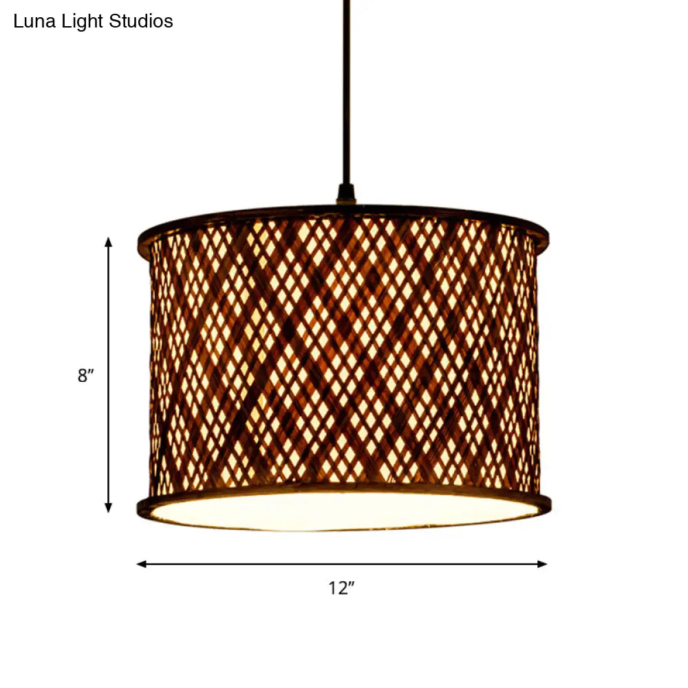 Contemporary Dark Brown Bamboo Pendant Light Kit - Woven Suspension 1 Bulb