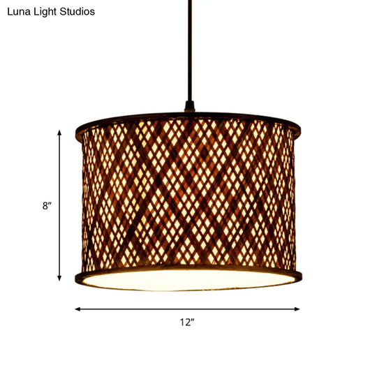 Contemporary Dark Brown Bamboo Pendant Light Kit - Woven Suspension 1 Bulb