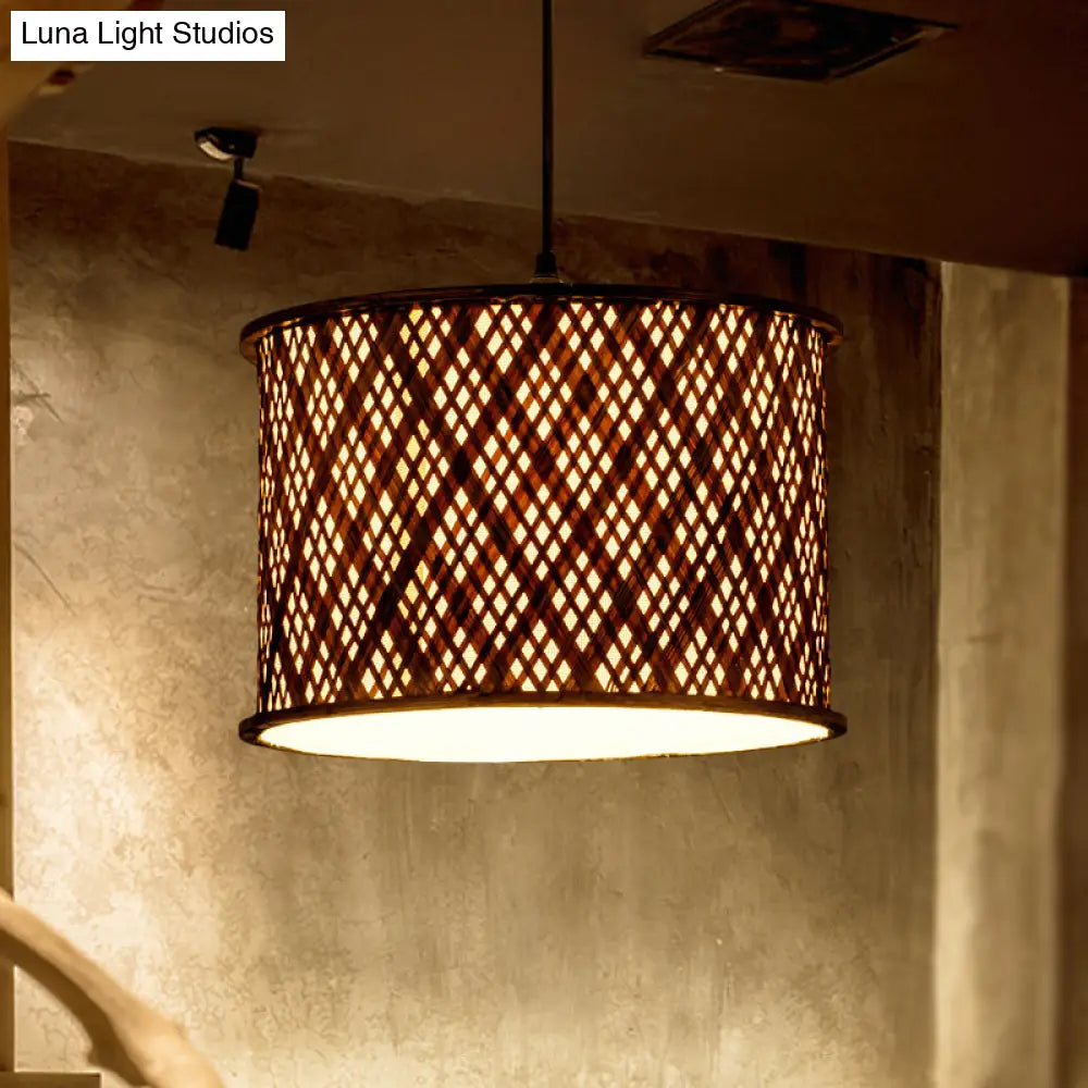 Contemporary Dark Brown Bamboo Pendant Light Kit - Woven Suspension 1 Bulb