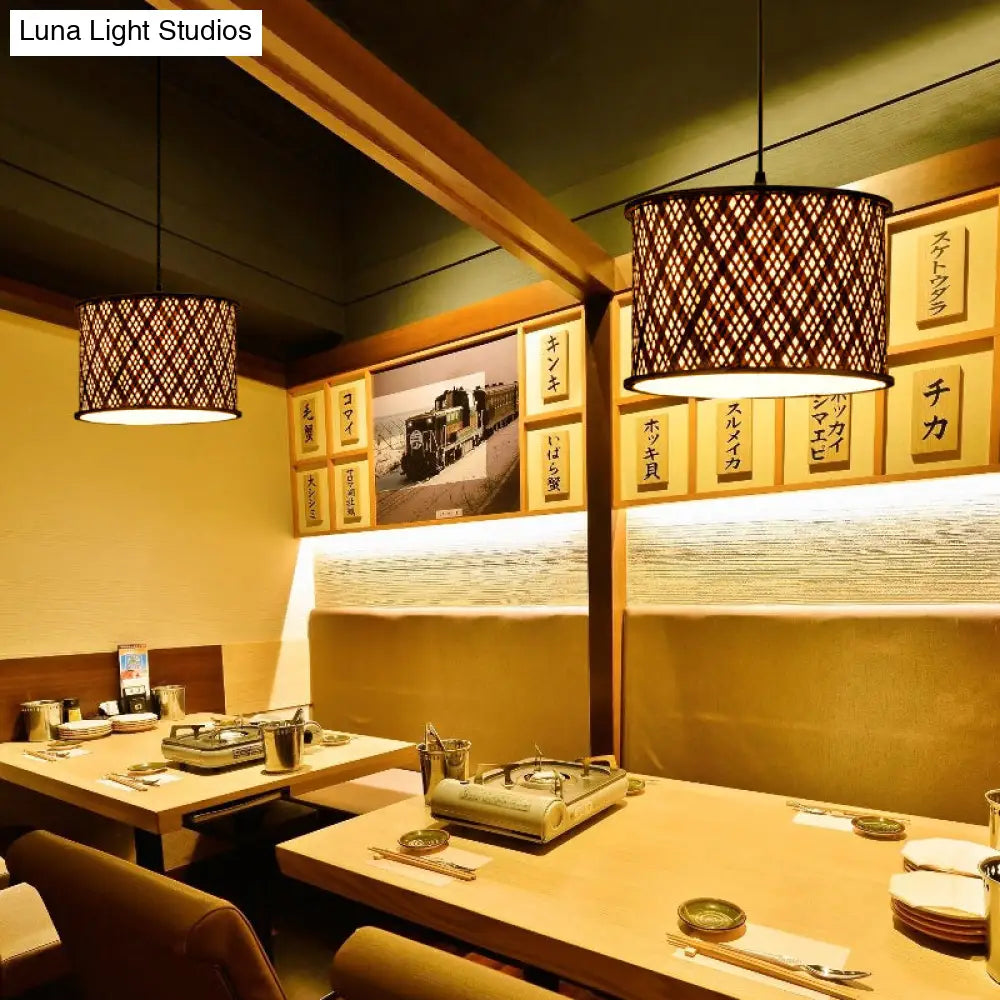 Contemporary Dark Brown Bamboo Pendant Light Kit - Woven Suspension 1 Bulb