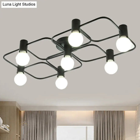 Contemporary Diamond/Rectangular Semi Flush Mount Light - 5/7/9 Lights White/Black Led Milk Glass
