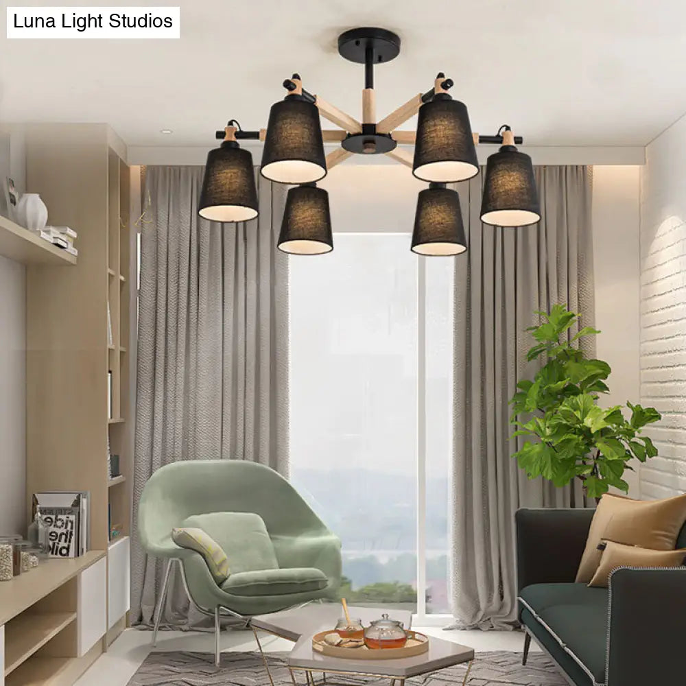 Contemporary Tapered Fabric Ceiling Pendant Light - 6 Heads Black/White Chandelier Fixture