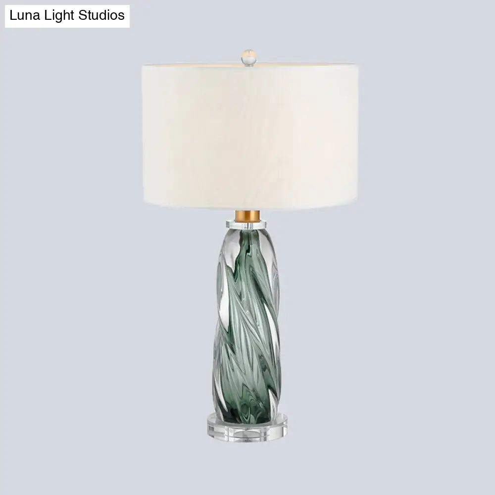 Contemporary Fabric Cylindrical Task Light - White Nightstand Lamp With Pewter Glazed Crystal Base