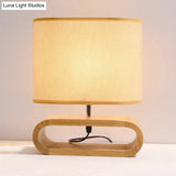 Contemporary Fabric Drum Reading Book Light Desk Lamp In White With Wood Base