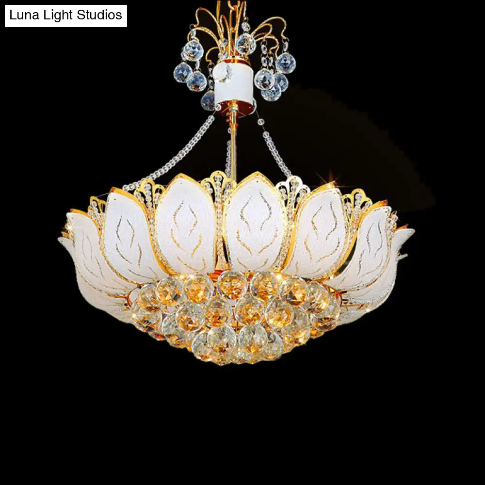 Contemporary Faceted Crystal Ball Lotus Chandelier Light – Gold 3 Multi Lights 16’/19.5’/23.5’ Wide