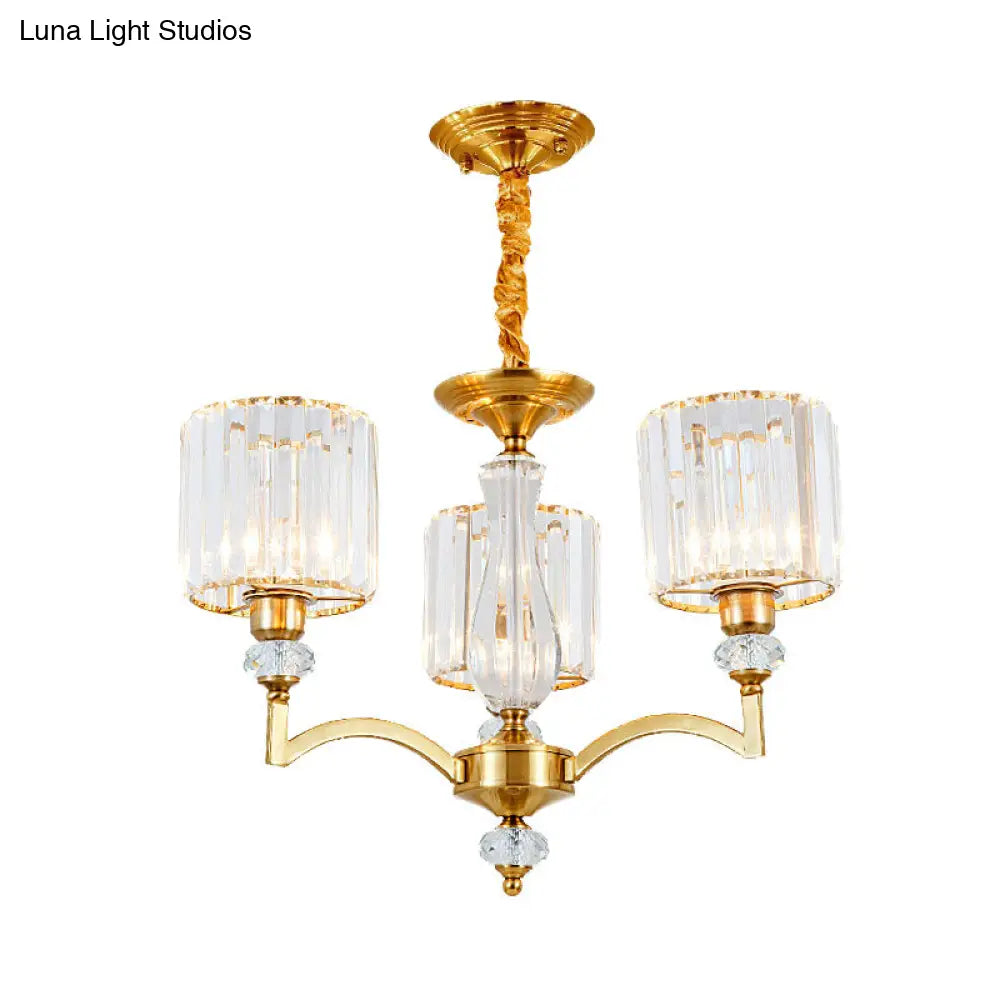 Contemporary Faceted Crystal Cylinder Chandelier - Brass Ceiling Pendant Light With 3/6/8 Bulbs