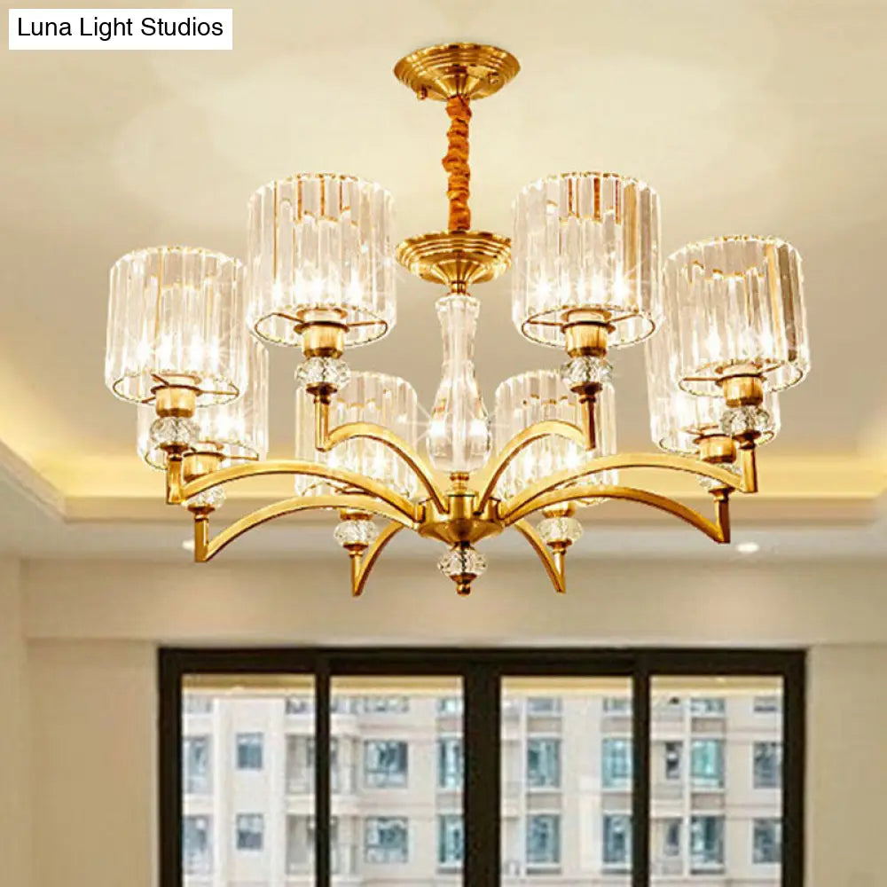 Contemporary Cylinder Chandelier With Crystal Facets - Brass Pendant Ceiling Light