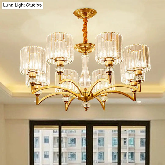 Contemporary Cylinder Chandelier With Crystal Facets - Brass Pendant Ceiling Light