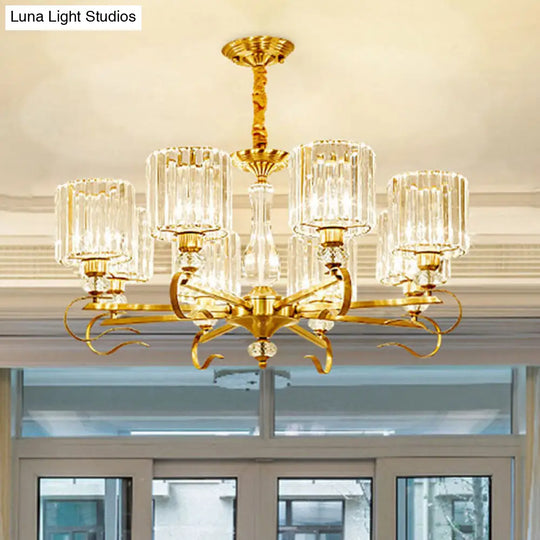 Contemporary Cylinder Chandelier With Crystal Facets - Brass Pendant Ceiling Light / 33.5