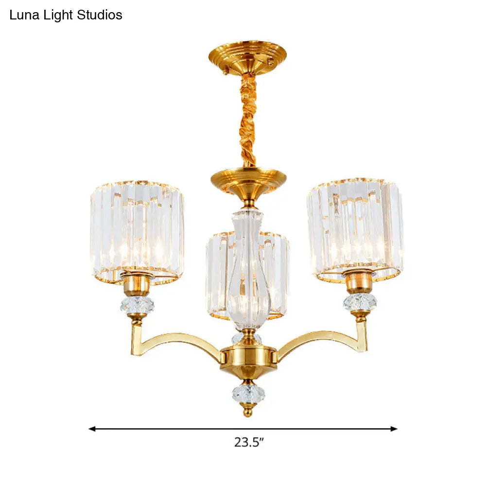 Contemporary Faceted Crystal Cylinder Chandelier - Brass Ceiling Pendant Light With 3/6/8 Bulbs