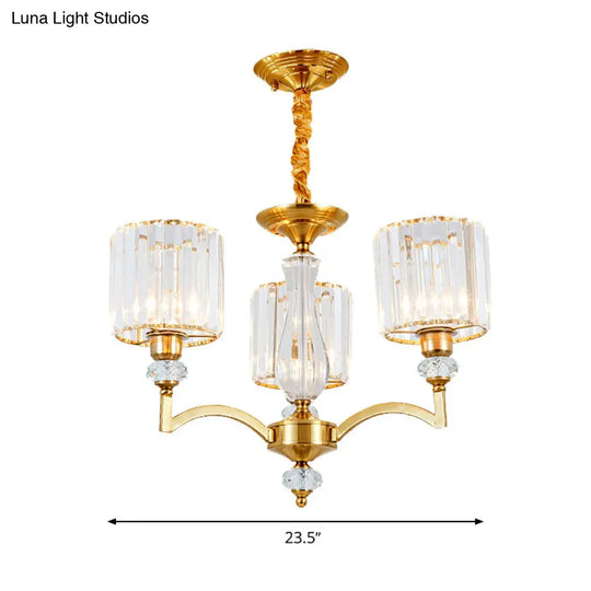 Contemporary Faceted Crystal Cylinder Chandelier - Brass Ceiling Pendant Light With 3/6/8 Bulbs