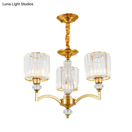 Contemporary Cylinder Chandelier With Crystal Facets - Brass Pendant Ceiling Light