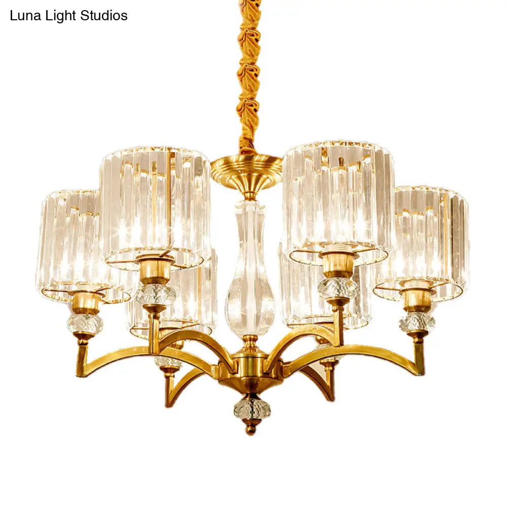 Contemporary Faceted Crystal Cylinder Chandelier - Brass Ceiling Pendant Light With 3/6/8 Bulbs