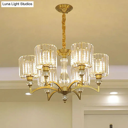 Contemporary Cylinder Chandelier With Crystal Facets - Brass Pendant Ceiling Light / 27