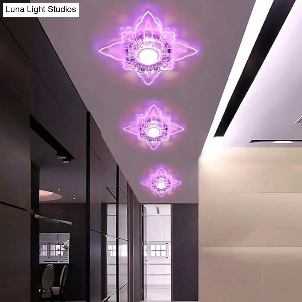 Contemporary Floral Crystal Led Flushmount Ceiling Light - Clear Perfect For Hallways