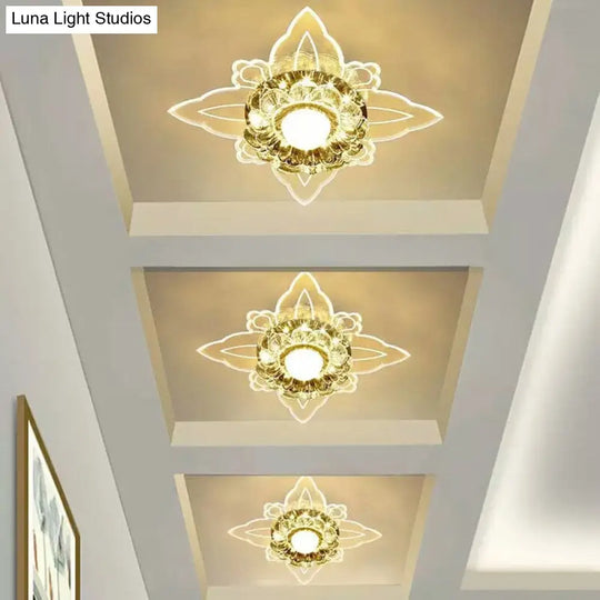 Contemporary Floral Crystal Led Flushmount Ceiling Light - Clear Perfect For Hallways